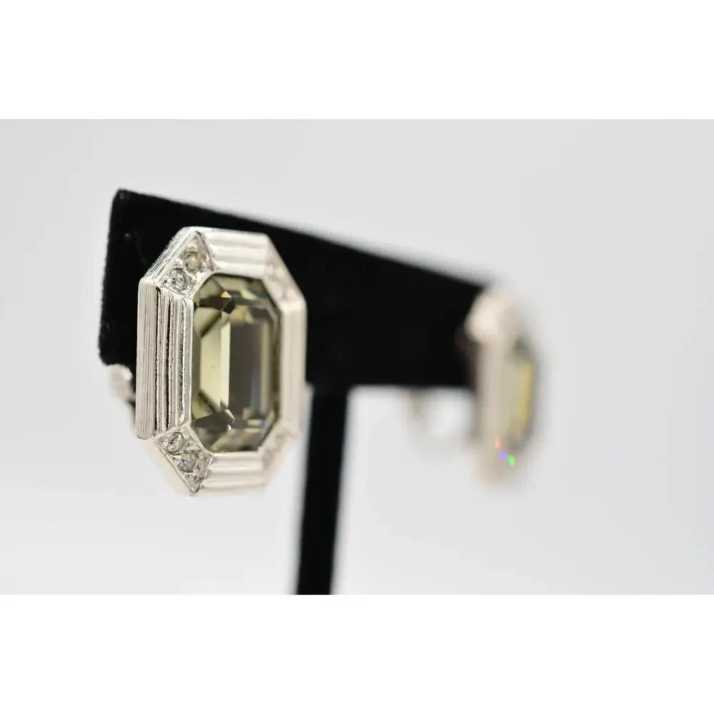 Vintage Crystal Clip On Earrings Chunky Baguette Gray Rhinestone Silver 1980s 9L